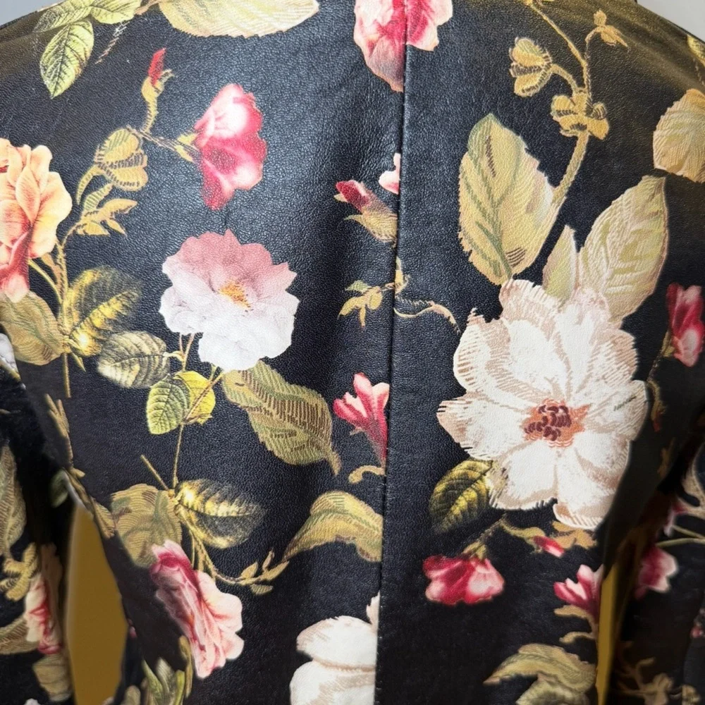 Alice + Olivia Olive Green, Pink and Beige Floral Leather Jacket - Picture 3 of 5